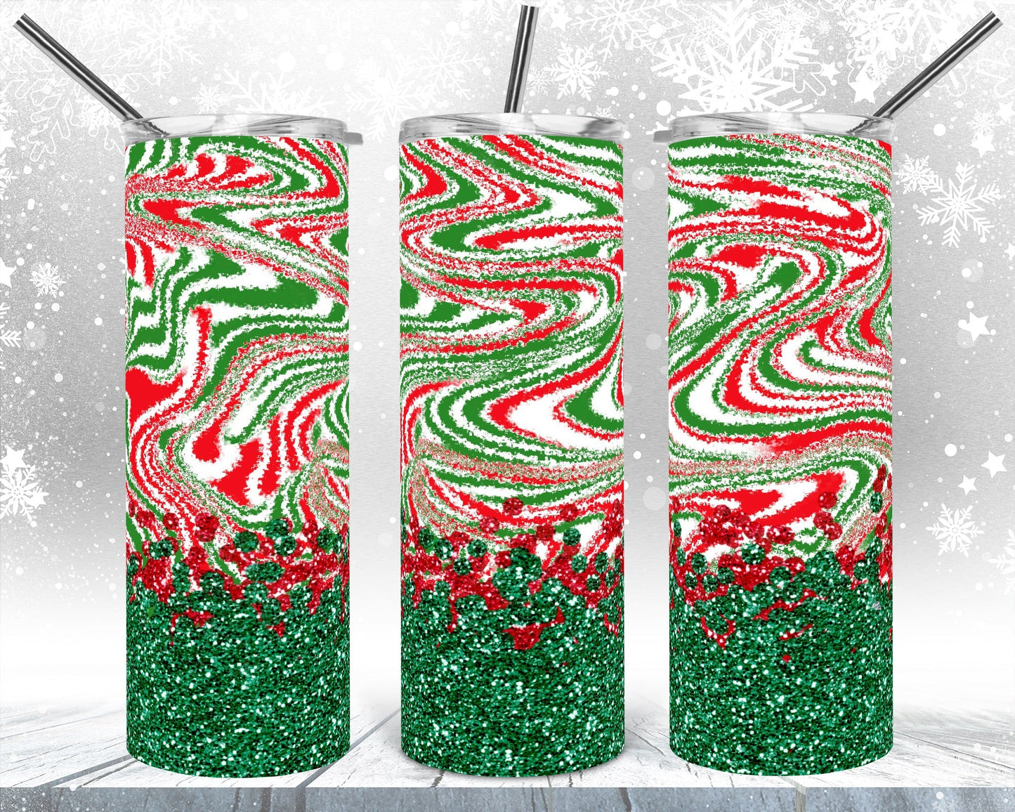 Swirls Christmas Glitter- 20oz or 30oz Skinny Tumblers w/ Lid and Metal Straw