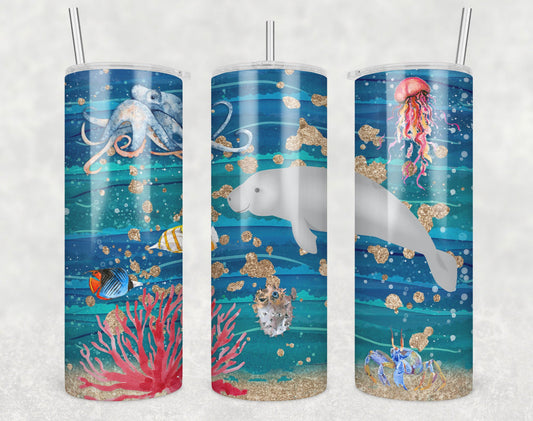 Ocean ,Sea Animals Fish Turtle- 20oz or 30oz Skinny Tumblers w/ Lid and Metal Straw