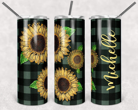 Black Plaid Sunflower - 20oz or 30oz Skinny Tumblers w/ Lid and Metal Straw