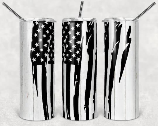 B&W American Flag - 20 or 30oz Skinny Tumblers w/ Lid and Metal Straw