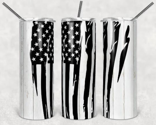 B&W American Flag - 20 or 30oz Skinny Tumblers w/ Lid and Metal Straw