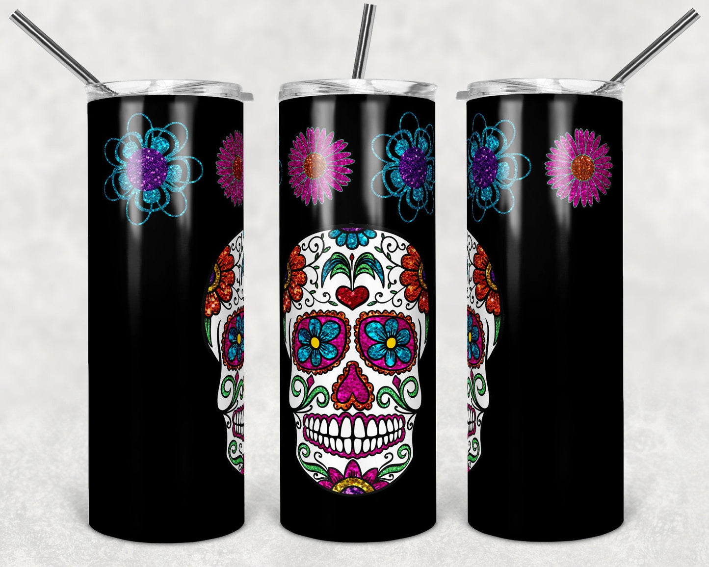 Sugar Skull -  20oz or 30oz Skinny Tumblers w/ Lid and Metal Straw