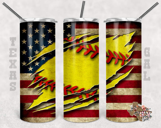 Ripped Softball American Flag- 20oz or 30oz Skinny Tumblers w/ Lid and Metal Straw