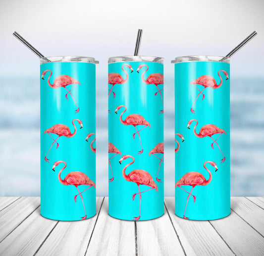 Pink Flamingo Animal -20 oz or 30oz Skinny Tumblers w/ Lid and Metal Straw