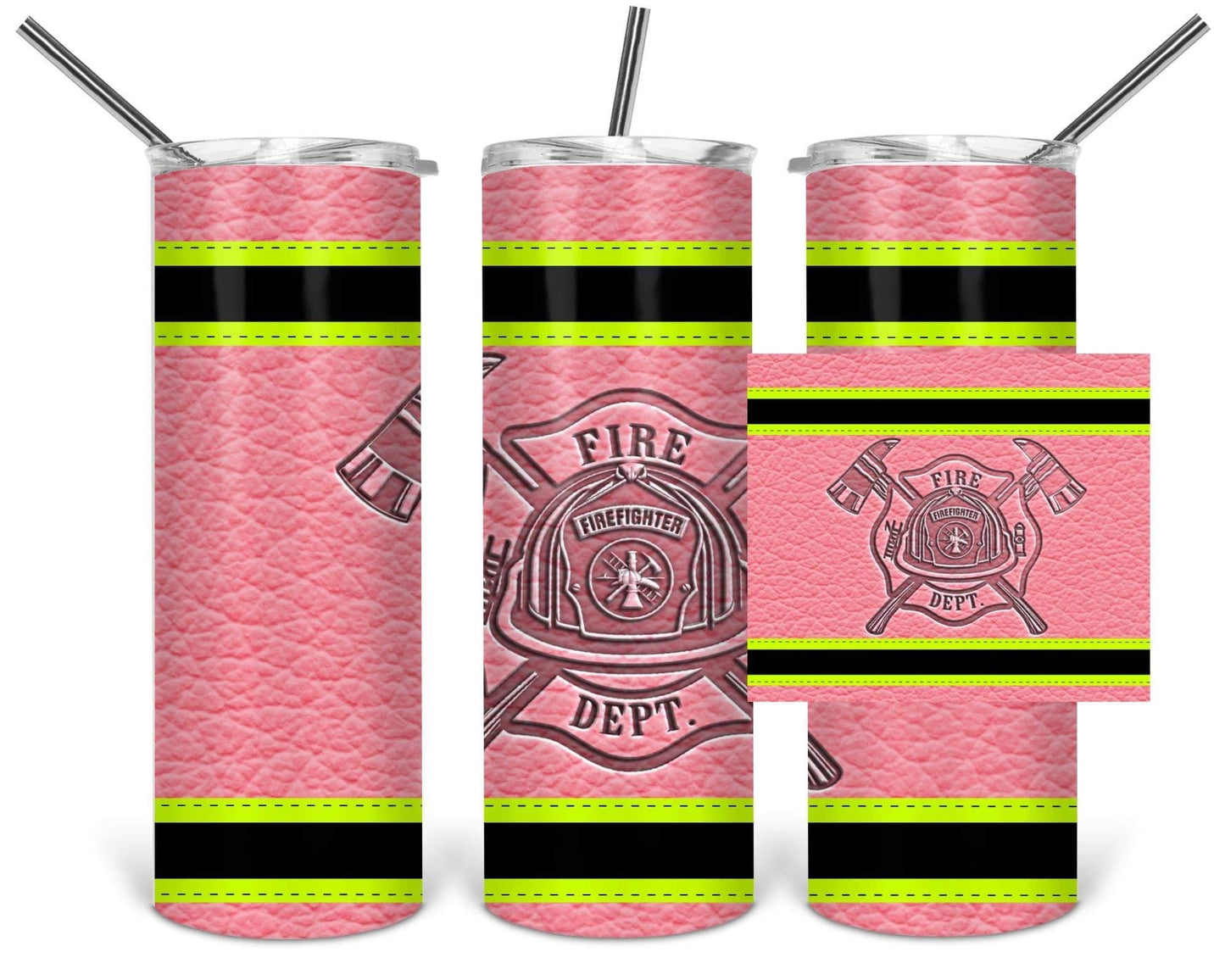Yellow, Pink & Black Leather Fire Dep. - 20oz or 30oz Skinny Tumblers w/ Lid and Metal Straw