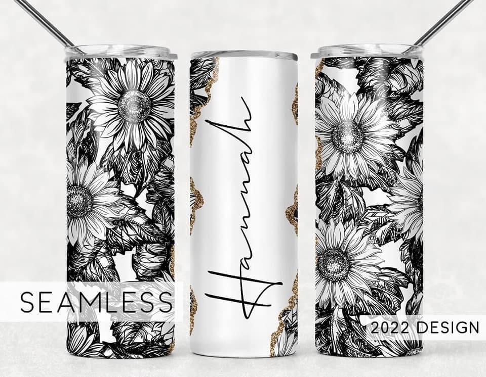 Custom name Sunflower- 20oz or 30oz Skinny Tumblers w/ Lid and Metal Straw