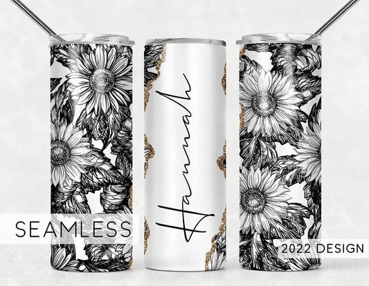 Custom name Sunflower- 20oz or 30oz Skinny Tumblers w/ Lid and Metal Straw