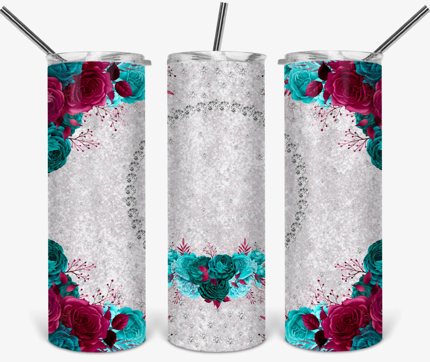 Flowers - 20oz or 30oz as Skinny Tumblers w/ Lid and Metal Straw