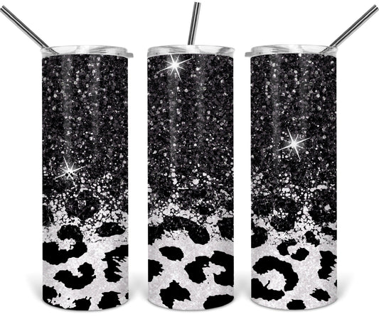 Black and white Glitter Leopard Sparkles Glitter - 20oz or 30oz Skinny Tumblers w/ Lid and Metal Straw