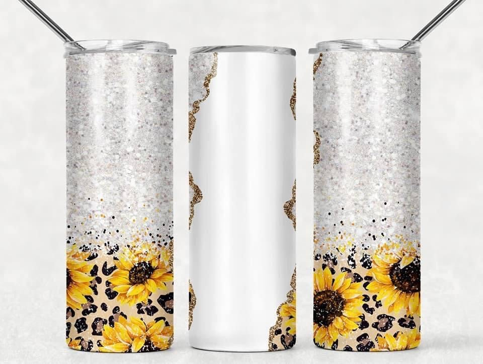 Cheetah Glitter Sunflower- 20oz or 30oz Skinny Tumblers w/ Lid and Metal Straw