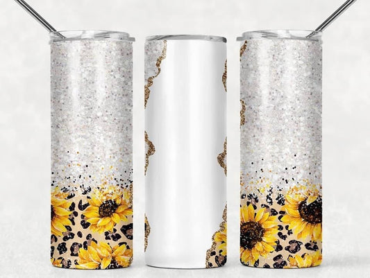 Cheetah Glitter Sunflower- 20oz or 30oz Skinny Tumblers w/ Lid and Metal Straw