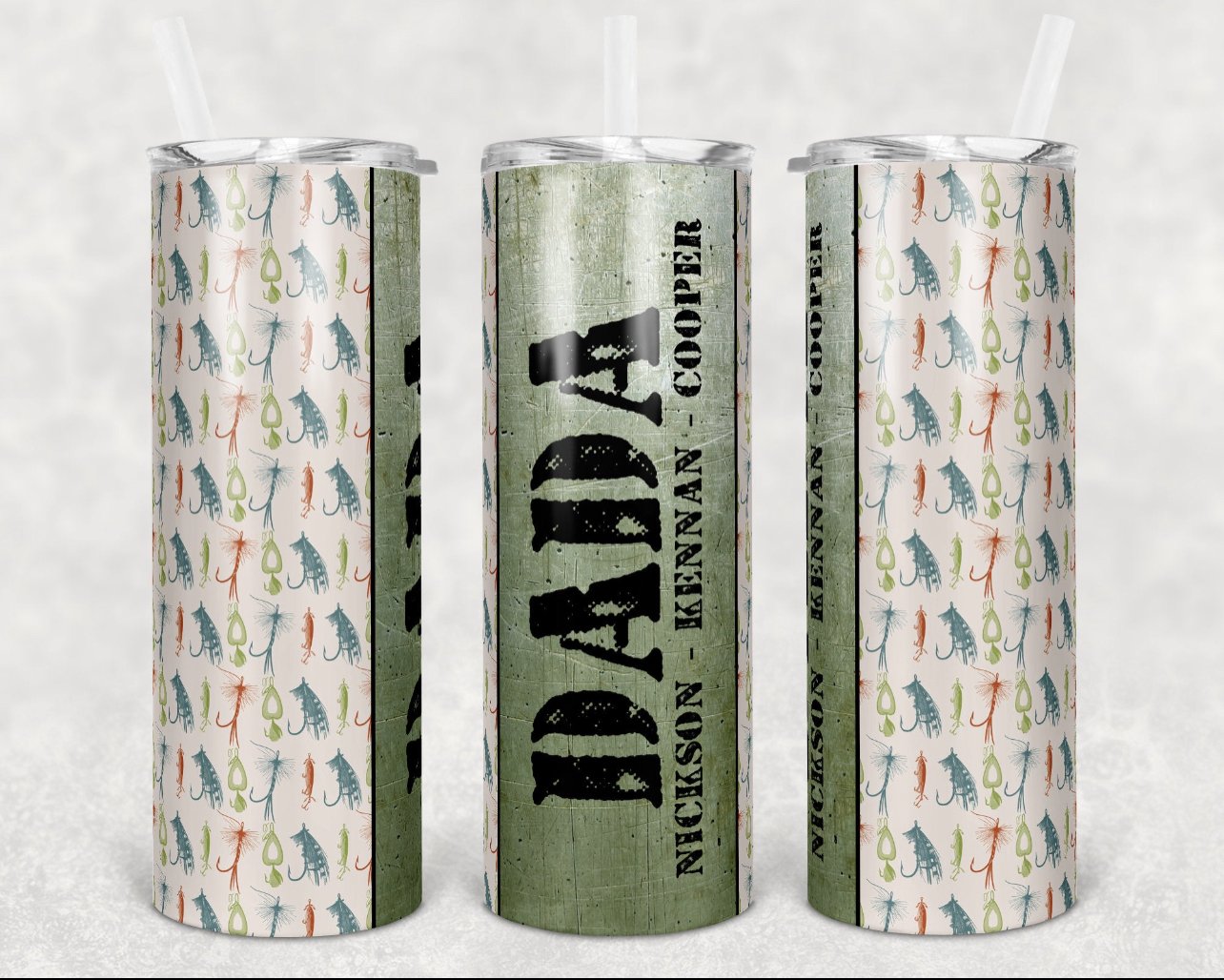 Dada Fishing with Kids Names - 20 oz Skinny Tumblers w/ Lid and Metal Straw