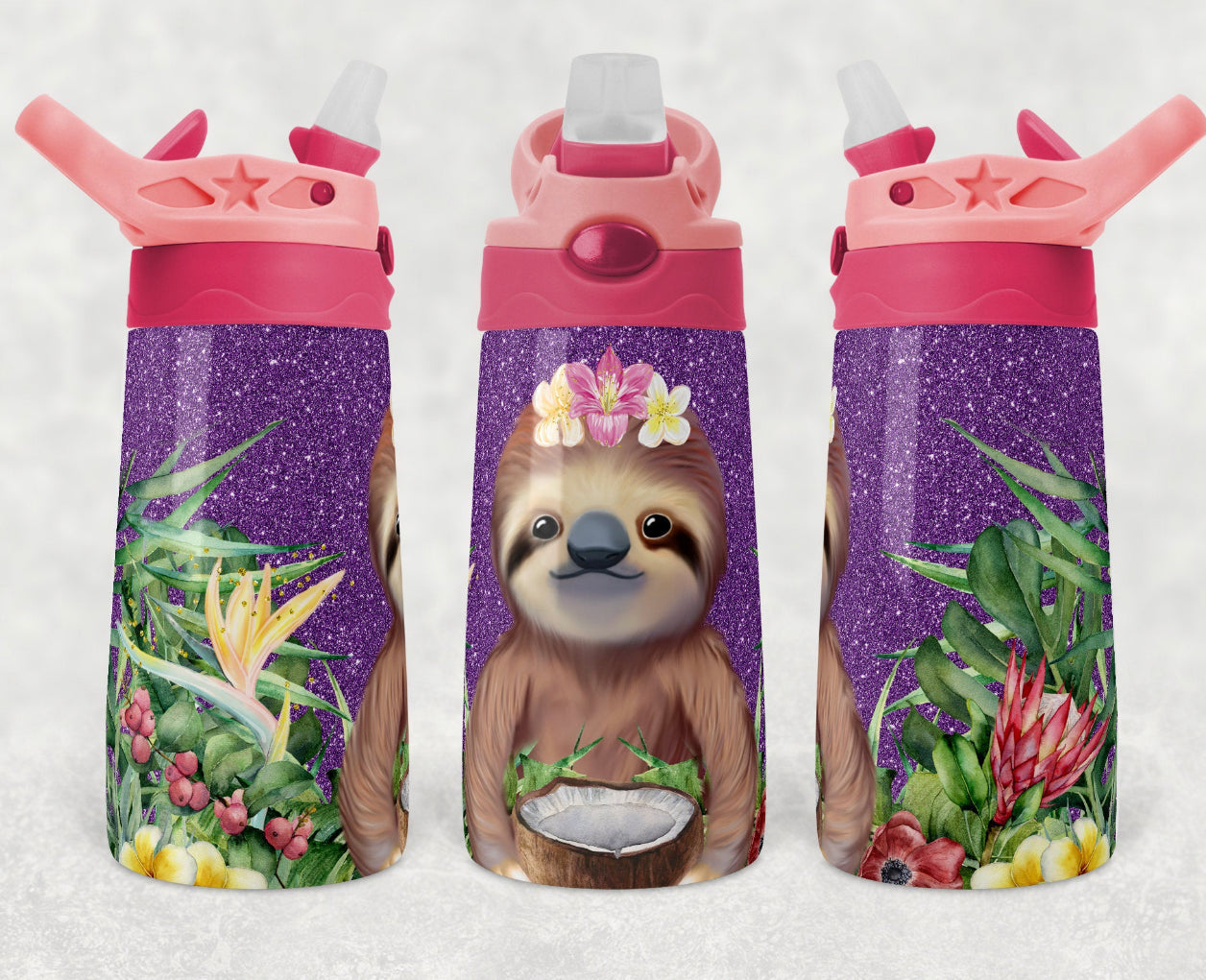 Purple Glitter Sloth - 12oz Kids Flip Cup water Bottle Tumbler