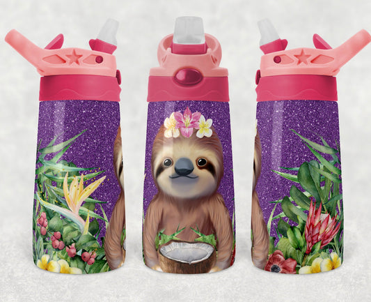 Purple Glitter Sloth - 12oz Kids Flip Cup water Bottle Tumbler