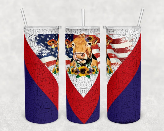 Cow American Flag- 20 oz or 30oz Skinny Tumblers w/ Lid and Metal Straw