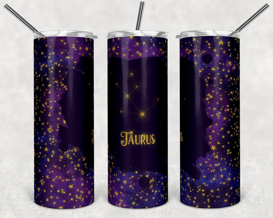 Taurus Purple & Gold Zodiac - 20oz or 30oz Skinny Tumblers w/ Lid and Metal Straw