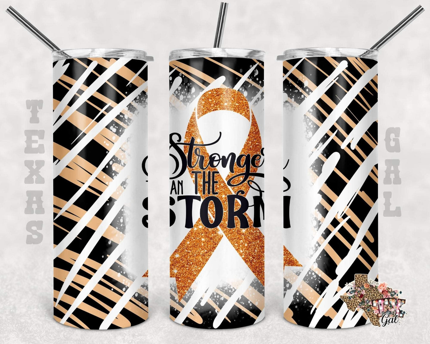 Orange Ribbon Stronger Than Storm-  20oz or 30oz Skinny Tumblers w/ Lid and Metal Straw
