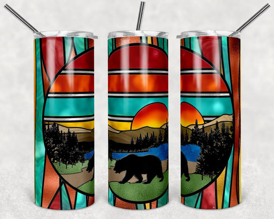 Striped Sunset Bear- 20 oz or 30oz Skinny Tumblers w/ Lid and Metal Straw