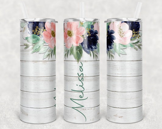 Pink and Blue Floral White Wood Name- 20oz or 30oz Skinny Tumblers w/ Lid and Metal Straw