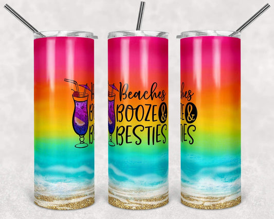 Beaches, Booze, Besties - 20 oz or 30oz Skinny Tumblers w/ Lid and Metal Straw