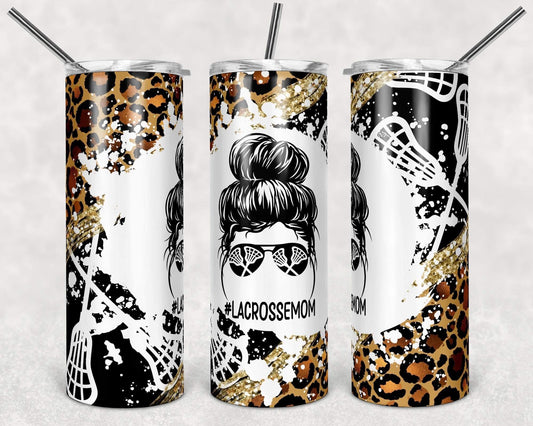 Lacrosse Cheetah Mom - 20oz or 30oz Skinny Tumblers w/ Lid and Metal Straw