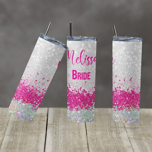 Bride Silver & Pink Glitter- 20 oz or 30oz Skinny Tumblers w/ Lid and Metal Straw