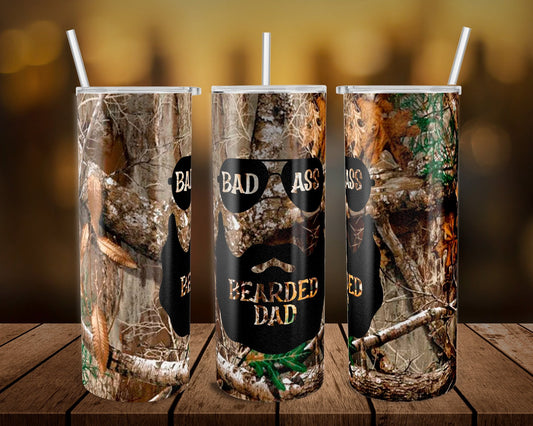 Bad Ass Bearded Dad Camo - 20 oz or 30oz Skinny Tumblers w/ Lid and Metal Straw