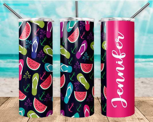 Flip flop watermelon Name- 20 oz or 30oz Skinny Tumblers w/ Lid and Metal Straw
