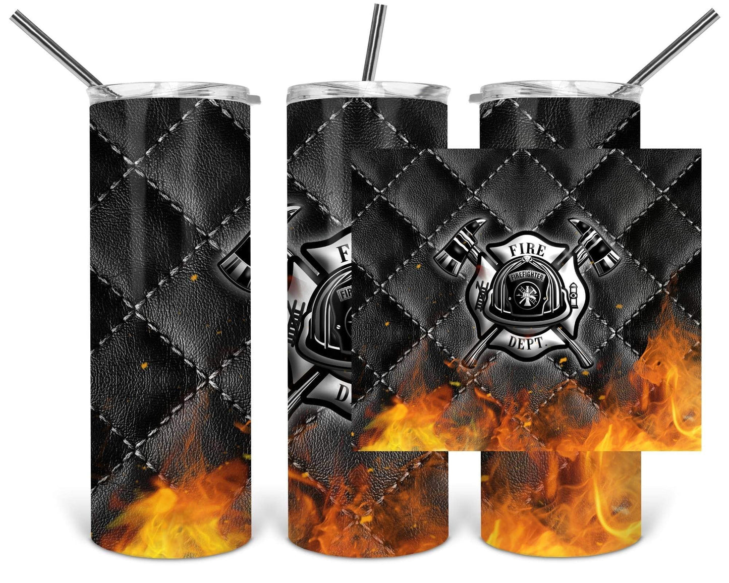 Black Diamond Leather Fire Dep. - 20oz or 30oz Skinny Tumblers w/ Lid and Metal Straw