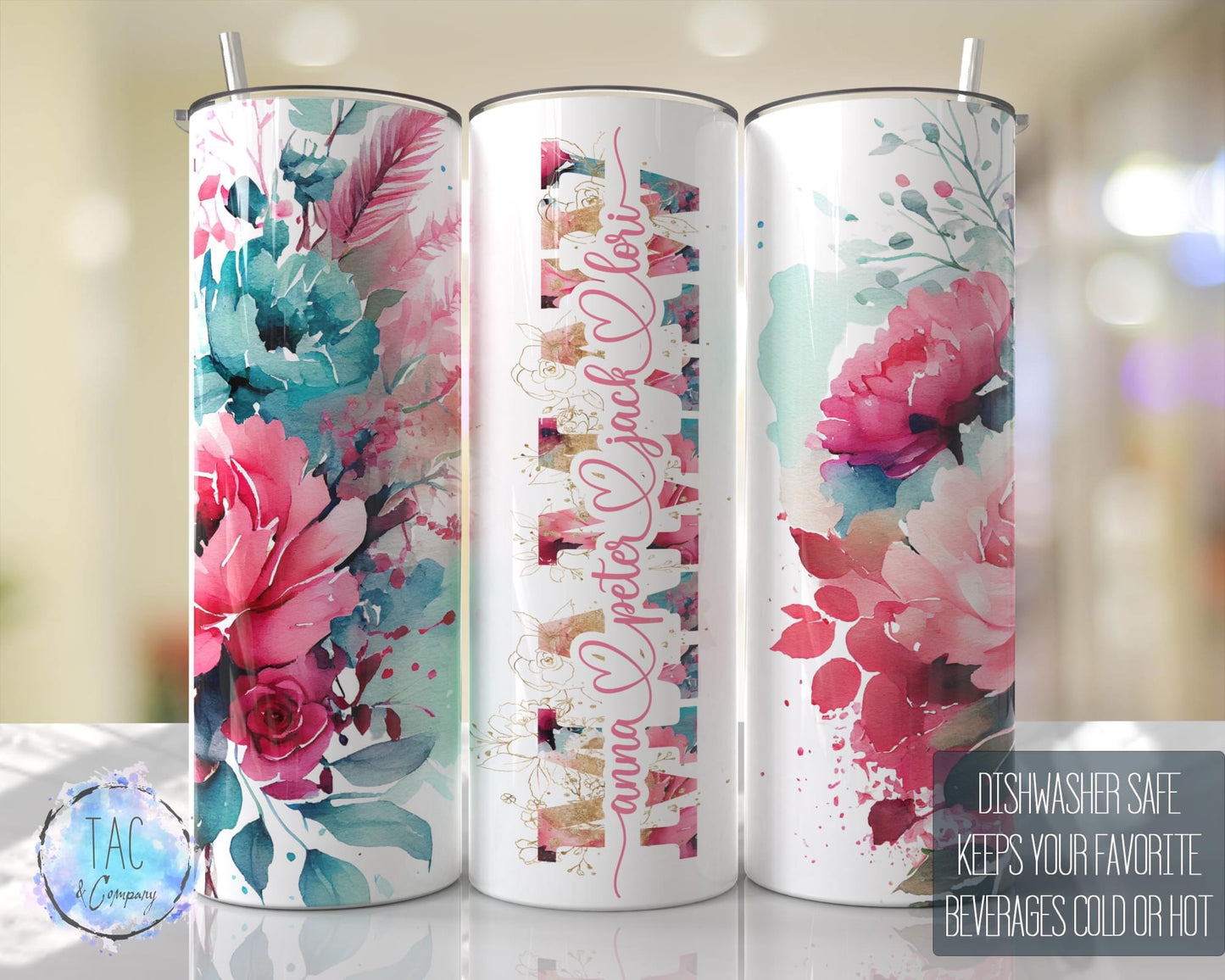 Mamaw Split Hot Pink Floral Full Wrap -20oz or 30oz Skinny Tumblers w/ Lid and Metal Straw