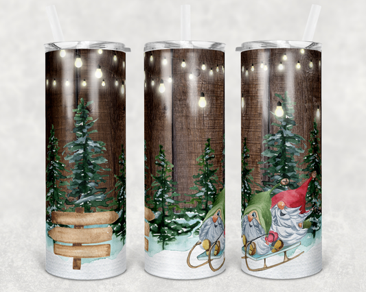 Sledding Gnome- 20 oz or 30oz Skinny Tumblers w/ Lid and Metal Straw
