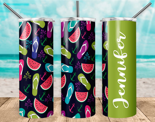 Green Flip flop watermelon Name- 20 oz or 30oz Skinny Tumblers w/ Lid and Metal Straw