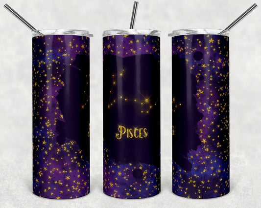 Pisces Purple & Gold Zodiac - 20oz or 30oz Skinny Tumblers w/ Lid and Metal Straw