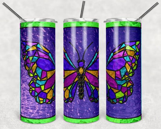 Stained Glass Butterfly - 20 oz or 30oz Skinny Tumblers w/ Lid and Metal Straw