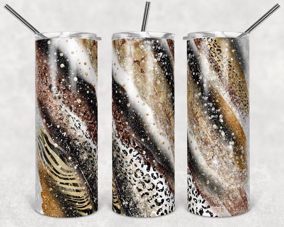 Glitter Cheetah Stripe Effect- 20oz or 30oz Skinny Tumblers w/ Lid and Metal Straw