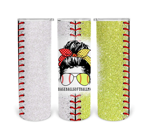 Baseball/Softball Mom Bun - 20oz or 30oz Skinny Tumblers w/ Lid and Metal Straw