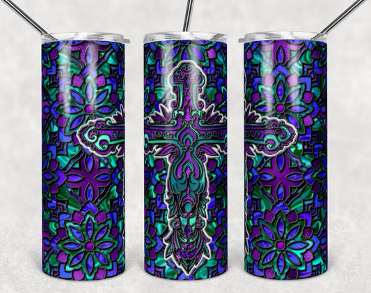 Stained Glass Cross- 20 oz or 30oz Skinny Tumblers w/ Lid and Metal Straw