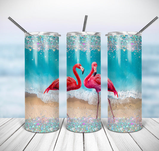 Pink Flamingo Animal -20 oz or 30oz Skinny Tumblers w/ Lid and Metal Straw