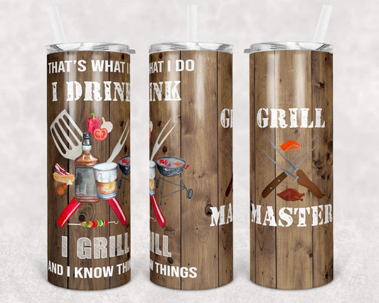 Grill Master - 20oz or 30oz Skinny Tumblers w/ Lid and Metal Straw