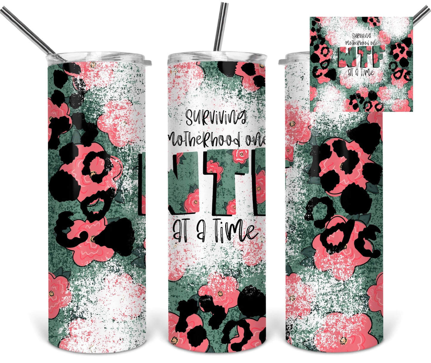 Pink Cheetah Surviving Life- 20oz or 30oz Skinny Tumblers w/ Lid and Metal Straw