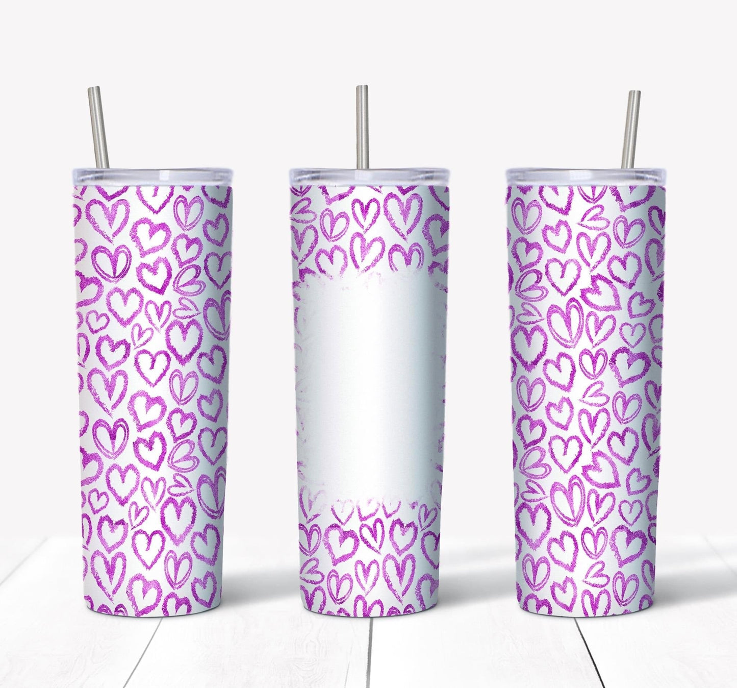 Pink Hearts w/ Picture- 20oz or 30oz Skinny Tumblers w/ Lid and Metal Straw