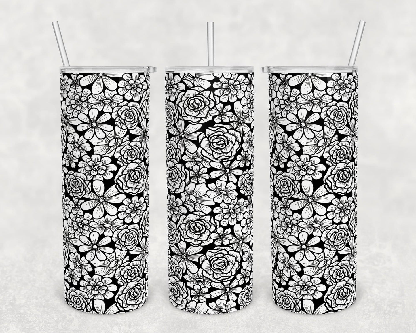 B&W Flowers- 20 oz or 30oz Skinny Tumblers w/ Lid and Metal Straw