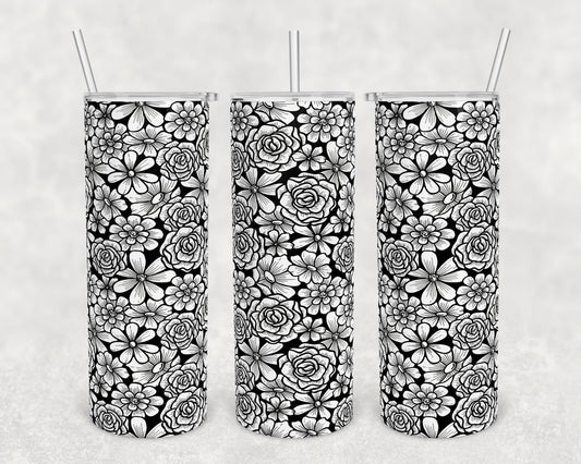 B&W Flowers- 20 oz or 30oz Skinny Tumblers w/ Lid and Metal Straw
