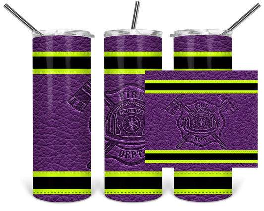 Yellow, Purple & Black Leather Fire Dep. - 20oz or 30oz Skinny Tumblers w/ Lid and Metal Straw