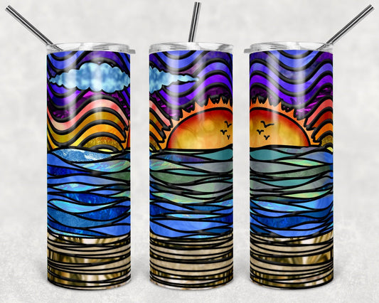 Stained Glass Sunset- 20 oz or 30oz Skinny Tumblers w/ Lid and Metal Straw