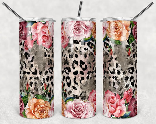 Orange & Pink Cheetah Floral - 20oz or 30oz Skinny Tumblers w/ Lid and Metal Straw