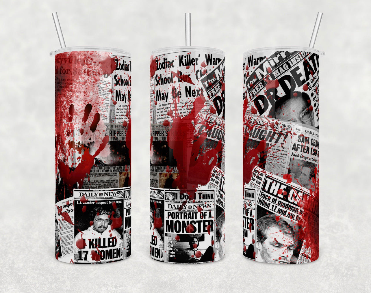 True Crime Newspapers- 20 oz or 30oz Skinny Tumblers w/ Lid and Metal Straw