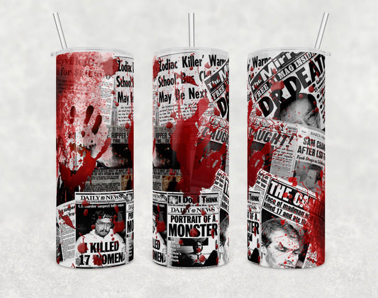 True Crime Newspapers- 20 oz or 30oz Skinny Tumblers w/ Lid and Metal Straw