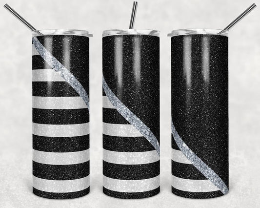 Striped Silver Glitter- 20 or 30oz Skinny Tumblers w/ Lid and Metal Straw