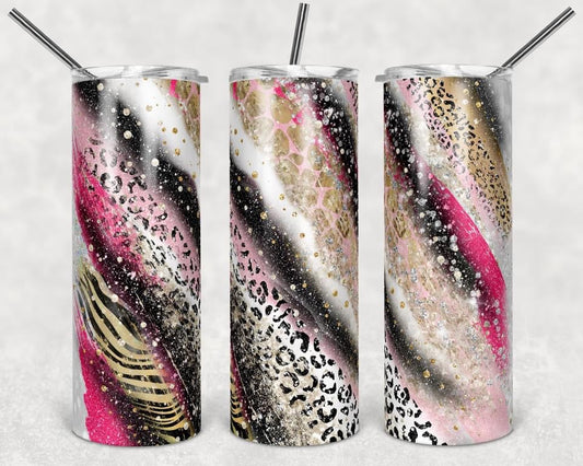 Glitter Cheetah Stripe Effect- 20oz or 30oz Skinny Tumblers w/ Lid and Metal Straw